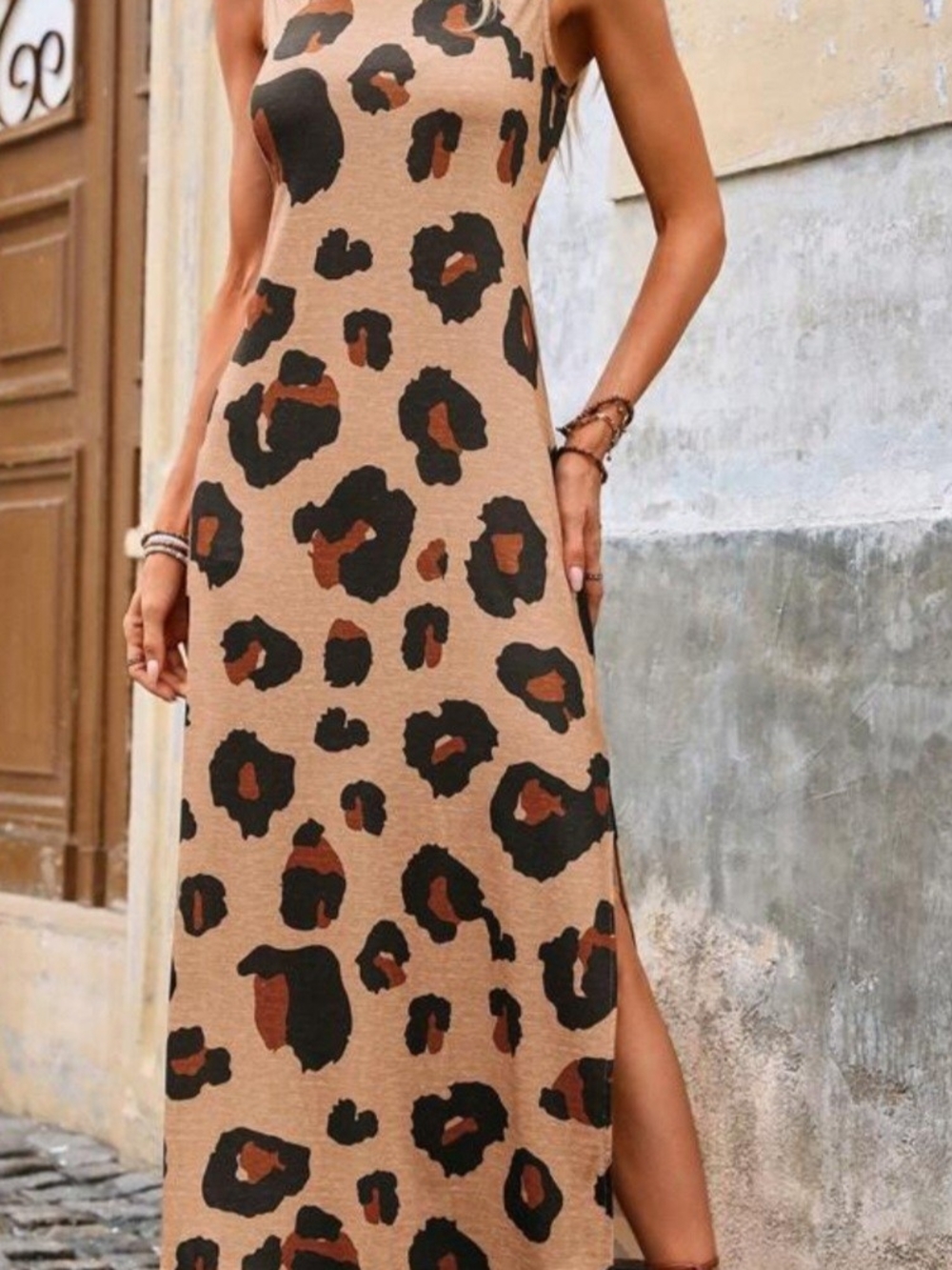 SHEIN Leopard Print Sleeveless Maxi Dress in Tan and Black